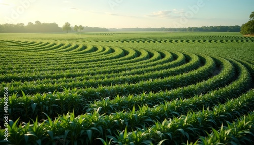 Bright green crops in circular fields with trees in background, under blue sky at sunset photo