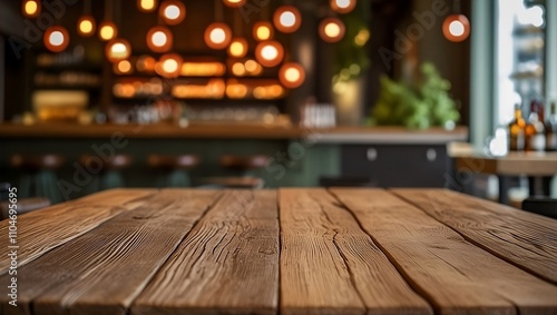 Rustic Wooden Table with Cozy Bar Ambiance and Warm Lighting