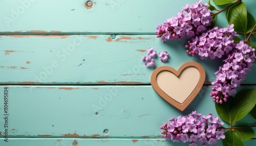 A heart-shaped decoration on a wooden wall, accompanied by purple flowers, evokes an atmosphere of love and tranquility