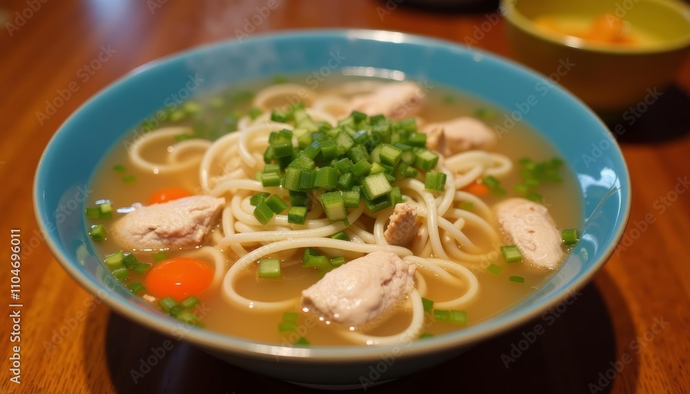 A bowl of chicken noodle soup with carrots and onions on a wooden table A bowl of chicken noodle soup with carrots and onions on a wooden table