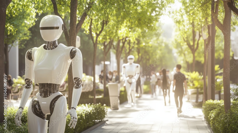Obraz premium A futuristic city park populated by friendly humanoid robots assisting visitors, Utopian style, photo of