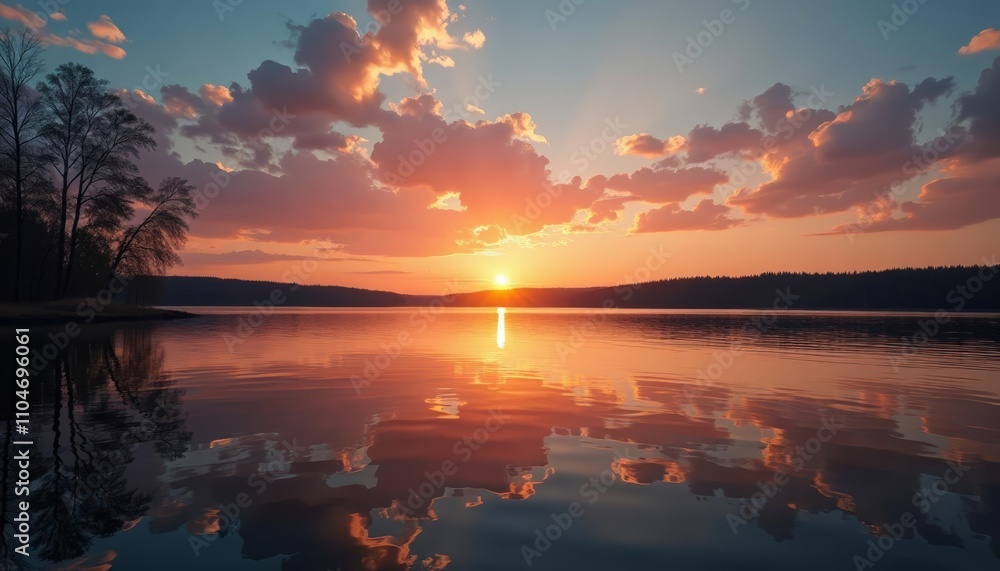 Beautiful sunset reflection on lake surface Beautiful sunset reflection on lake surface