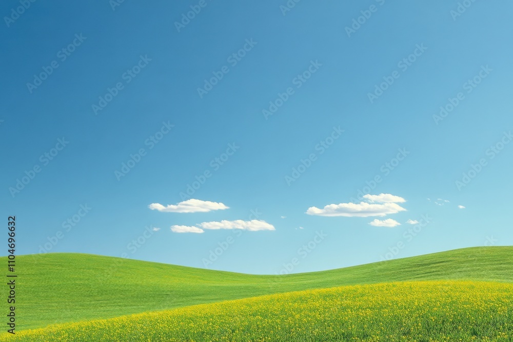 Fototapeta premium vibrant green hills under a clear blue sky with fluffy clouds