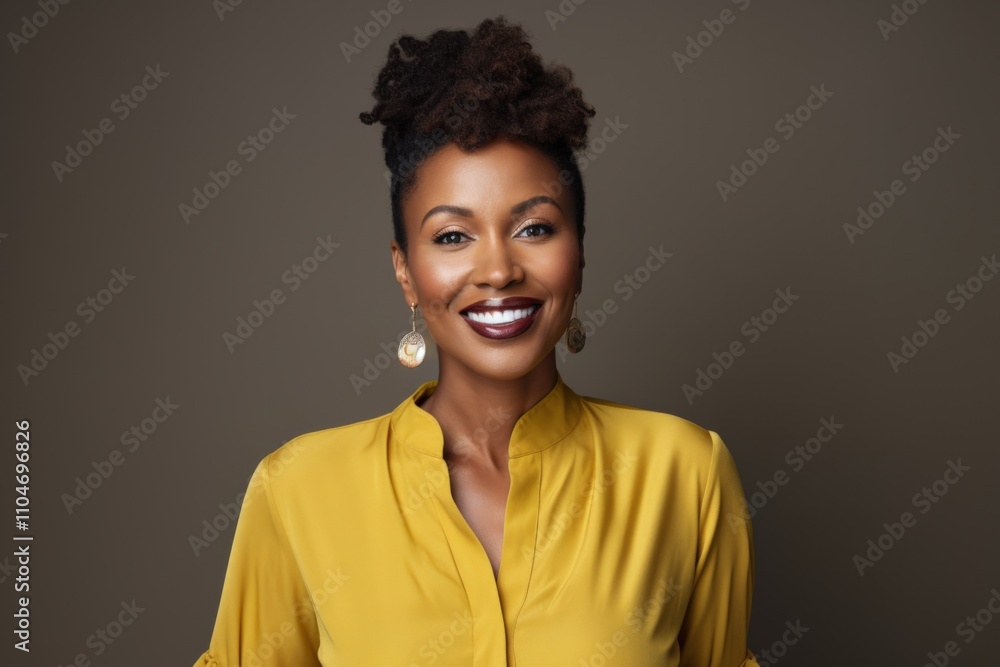 smiling woman in a yellow blouse with natural hair and earrings smiling woman in a yellow blouse with natural hair and earrings