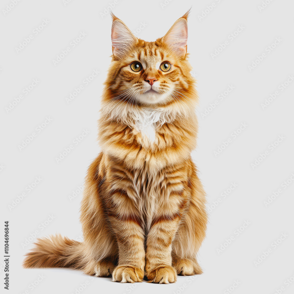 Majestic Orange Tabby Cat with Fluffy Fur Looking Directly at the Camera Against a Neutral Background, Showcasing Its Expressive Eyes and Lush Coat Majestic Orange Tabby Cat with Fluffy Fur Looking Directly at the Camera Against a Neutral Background, Showcasing Its Expressive Eyes and Lush Coat