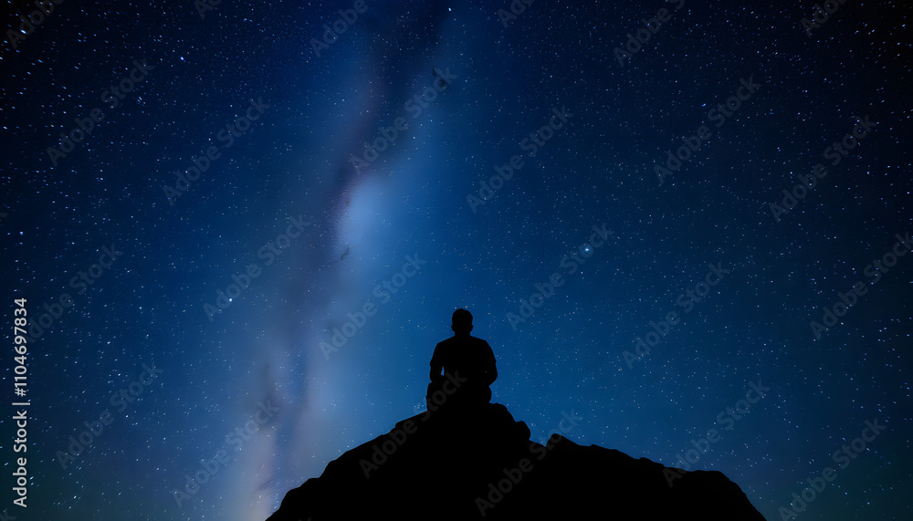 Person sitting on a rock contemplating the vastness of the universe. Silhouette of a man under the Milky Way and the magical starry sky. Real outdoor adventure and wildlife concept isolated with whi Person sitting on a rock contemplating the vastness of the universe. Silhouette of a man under the Milky Way and the magical starry sky. Real outdoor adventure and wildlife concept isolated with whi