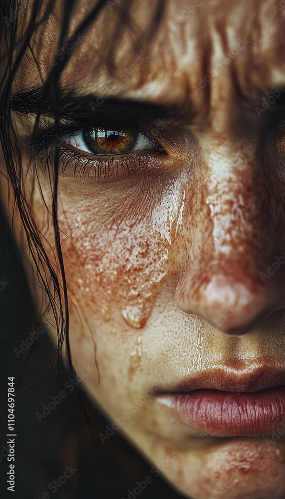 Close-up portrait of a person in deep anguish with tears marked by raw emotion Close-up portrait of a person in deep anguish with tears marked by raw emotion