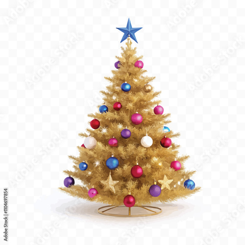 abstract Christmas Tree with lights, red and gold Christmas balls, gold tinsel garland and stars.