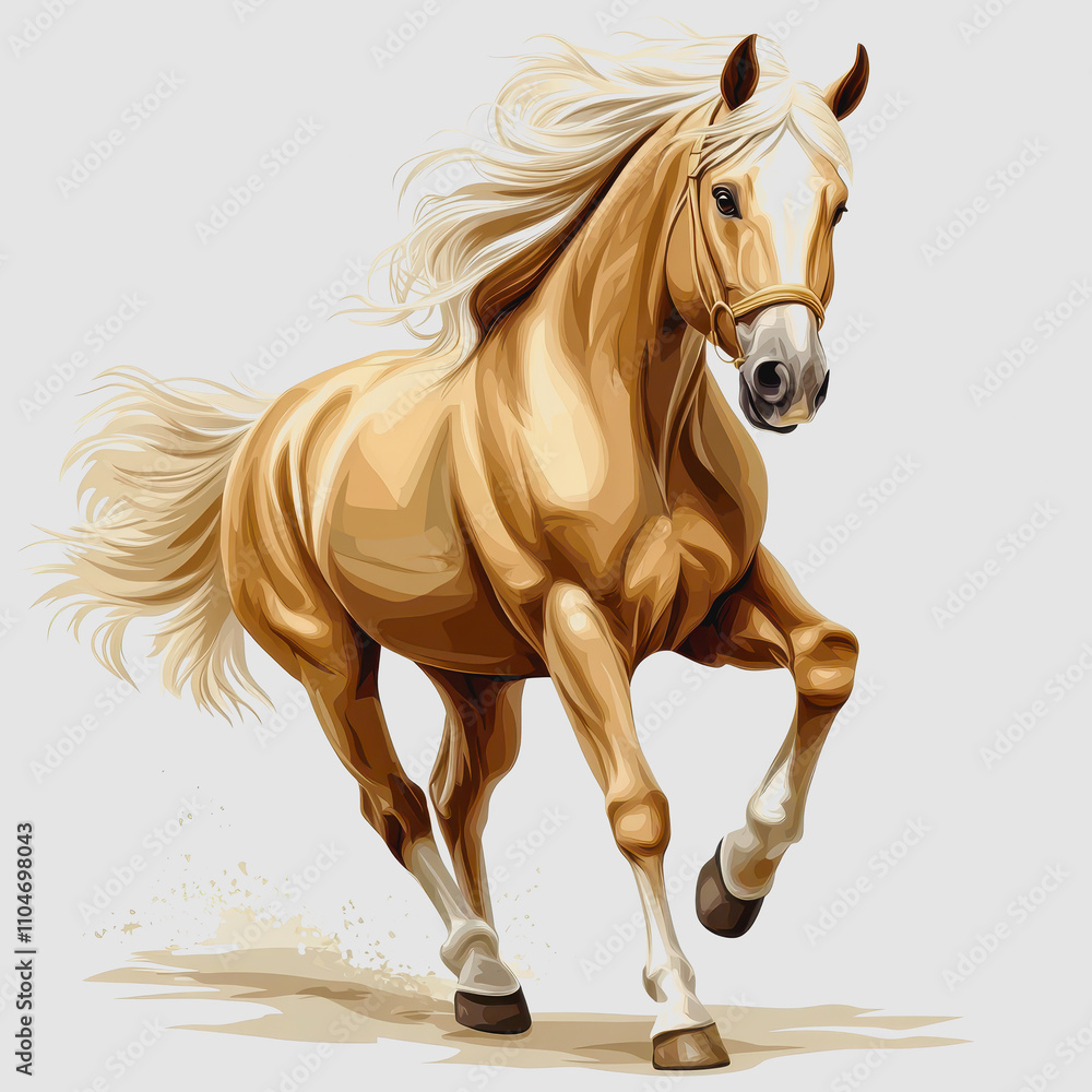 Obraz premium Beautiful and Elegant Golden Horse Running Gracefully on a Grey Background with Flowing Mane and Energetic Posture Capturing the Essence of Freedom and Strength