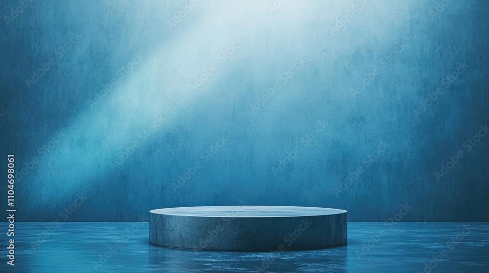 Circular Platform on a Blue Water-Like Surface with a Blue Wall in the Background Circular Platform on a Blue Water-Like Surface with a Blue Wall in the Background