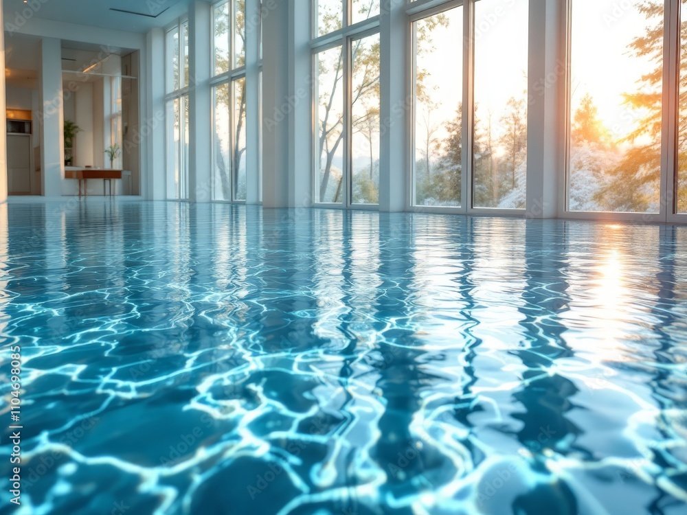 Fototapeta premium Modern indoor pool with sunlit windows and rippling water reflections