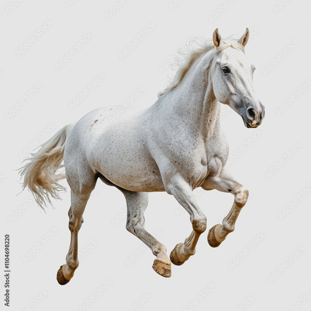 Obraz premium Majestic White Horse Galloping Gracefully with Dynamics and Elegance in a Studio Setting Capturing Freedom and Strength in Its Movements