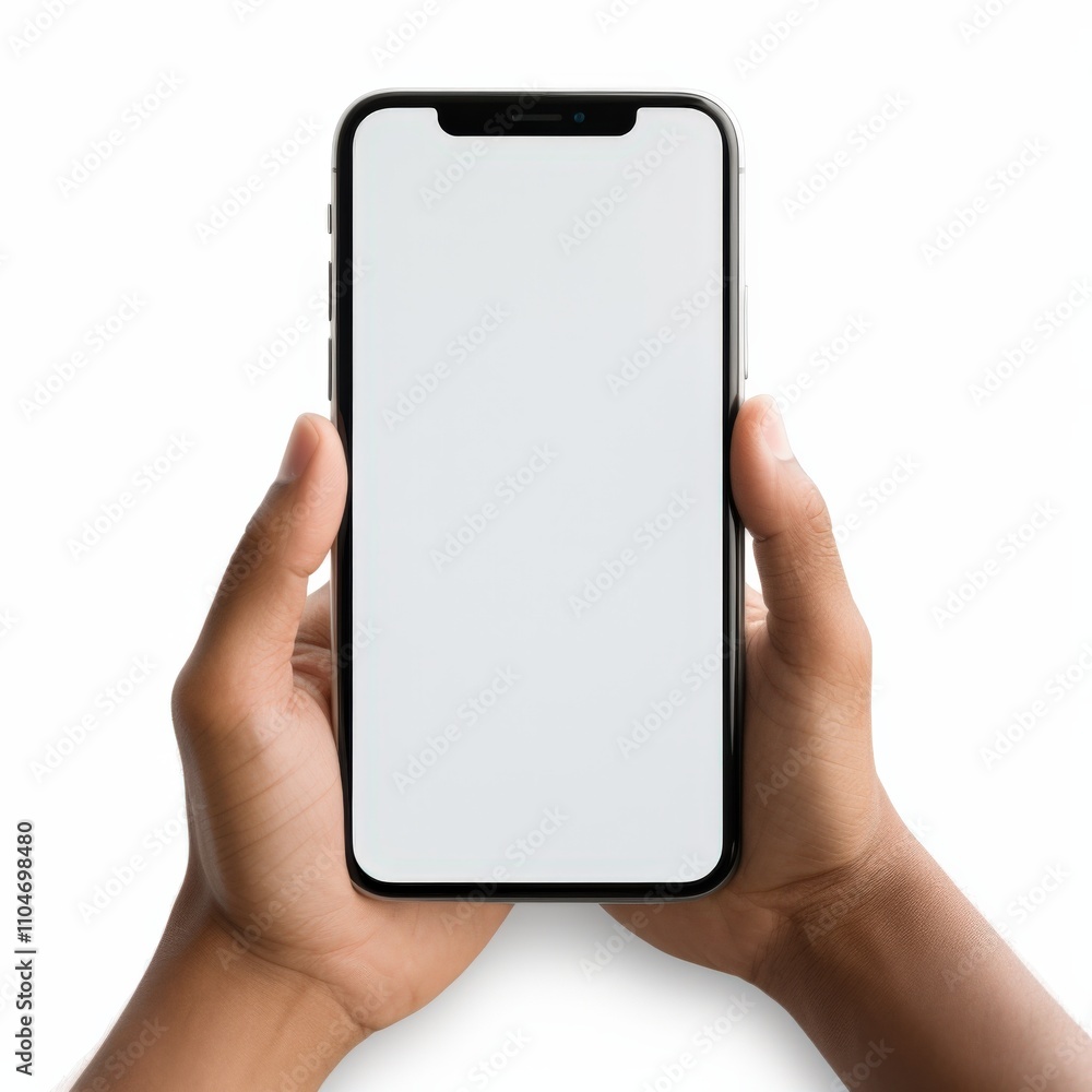 hands holding a smartphone with a blank screen for customizable content hands holding a smartphone with a blank screen for customizable content
