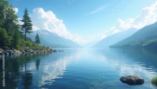  Tranquil lake view with majestic mountains and fluffy clouds photo