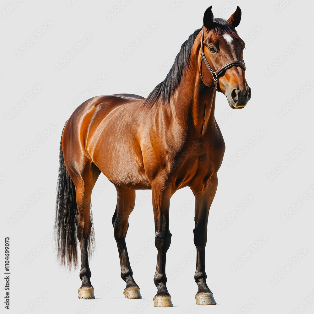 Obraz premium Majestic Brown Horse Standing Proudly Against a Neutral Background, Highlighting Its Strong Muscles and Sleek Coat for Use in Nature and Animal-Themed Projects