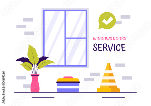 Windows and Doors Installation Service Vector Illustration featuring a Worker Using Tools for Home Repair and Renovation in a Flat Cartoon Background