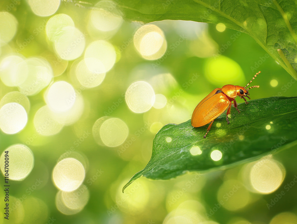 Naklejka premium Close-up of a golden beetle on a bright green leaf.