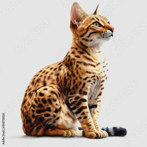 Majestic Serval Cat Sitting Gracefully with Distinctive Spots, Showcasing its Elegant Form Against a Minimalist White Background