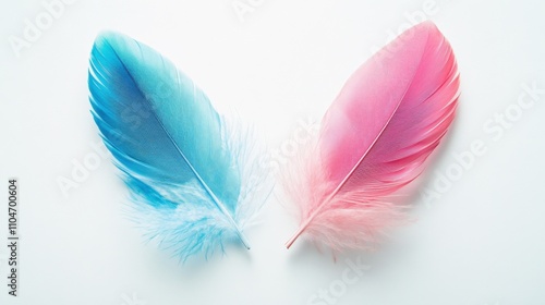 colorful feathers in blue and pink on a white background