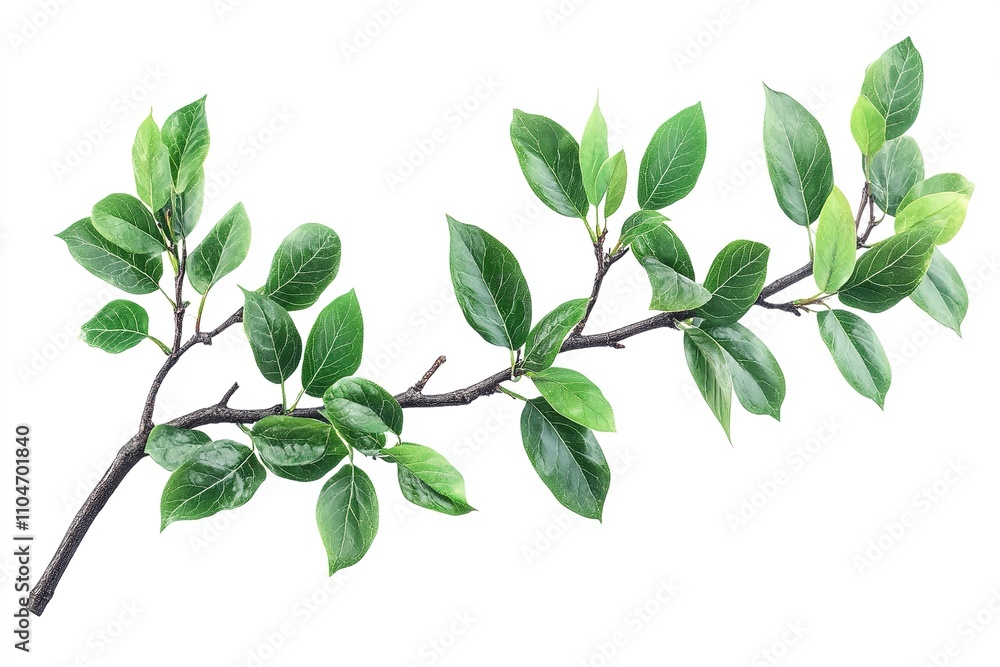 Fototapeta premium Excellent quality, solitary tree branch with green leaves on a white backdrop. Generative Ai