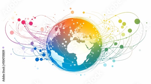 Colorful Abstract Globe with Dynamic Lines and Dots Illustrating Global Connectivity and Digital Interaction in a Modern Design for Creative Projects