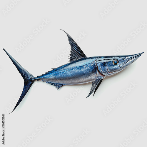 Realistic depiction of a blue marlin fish showcasing its vibrant coloration, streamlined body, and detailed fin structure, perfect for culinary or marine-themed projects.