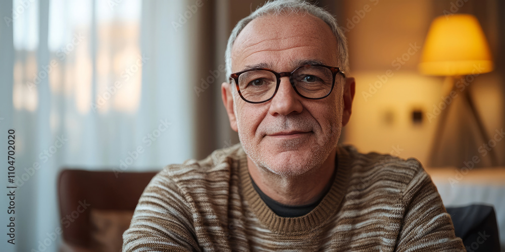 A senior man with glasses sits in the hotel room, generative AI A senior man with glasses sits in the hotel room, generative AI