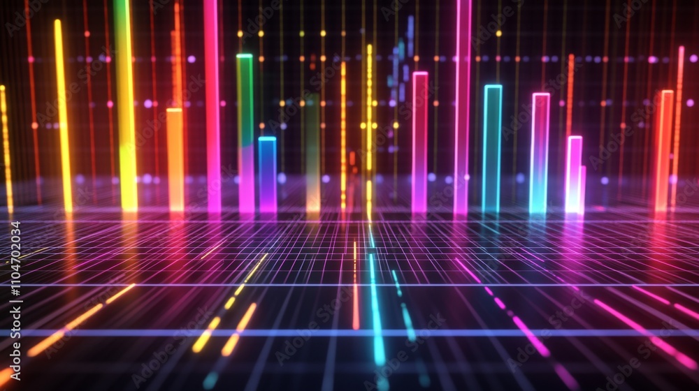 Colorful Digital Sound Waves with Neon Light Patterns and Grids Colorful Digital Sound Waves with Neon Light Patterns and Grids