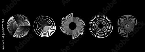 Radial abstract spiral pattern set. Rotating circle sound wave concepts. Circular speed line form collection. Sunburst ray and beam design element for icon, badge, logo, tag, label, emblem. Vector