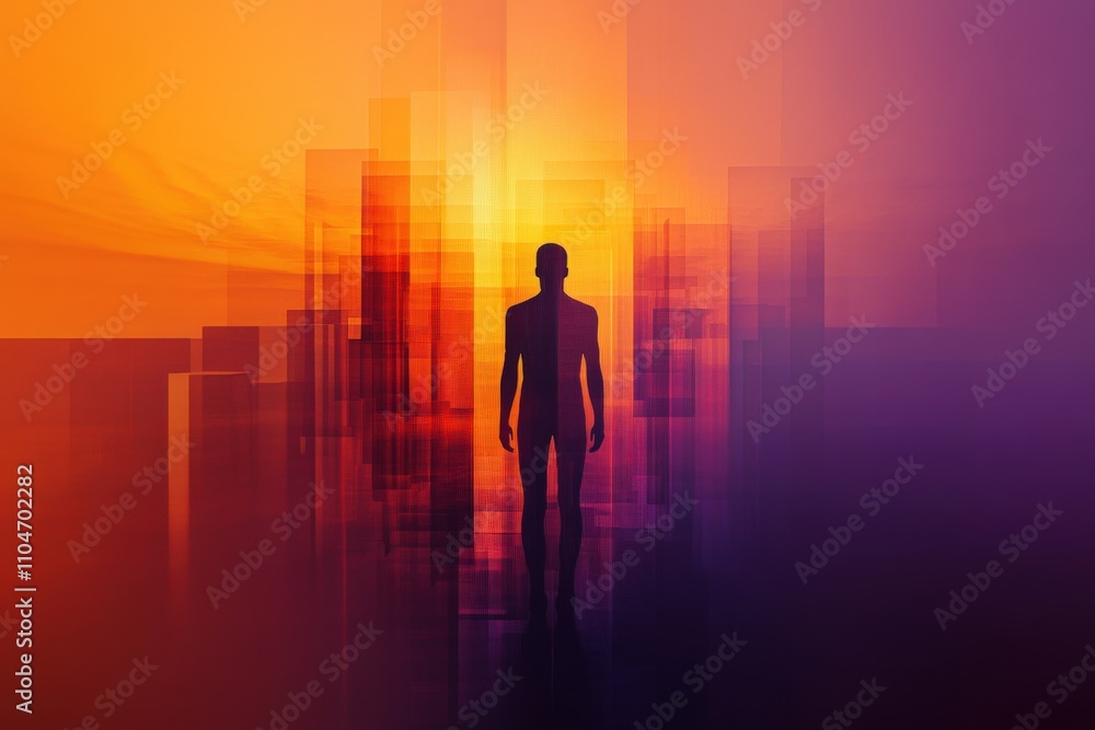 Fototapeta premium silhouette of a person against a vibrant sunset with abstract cityscape