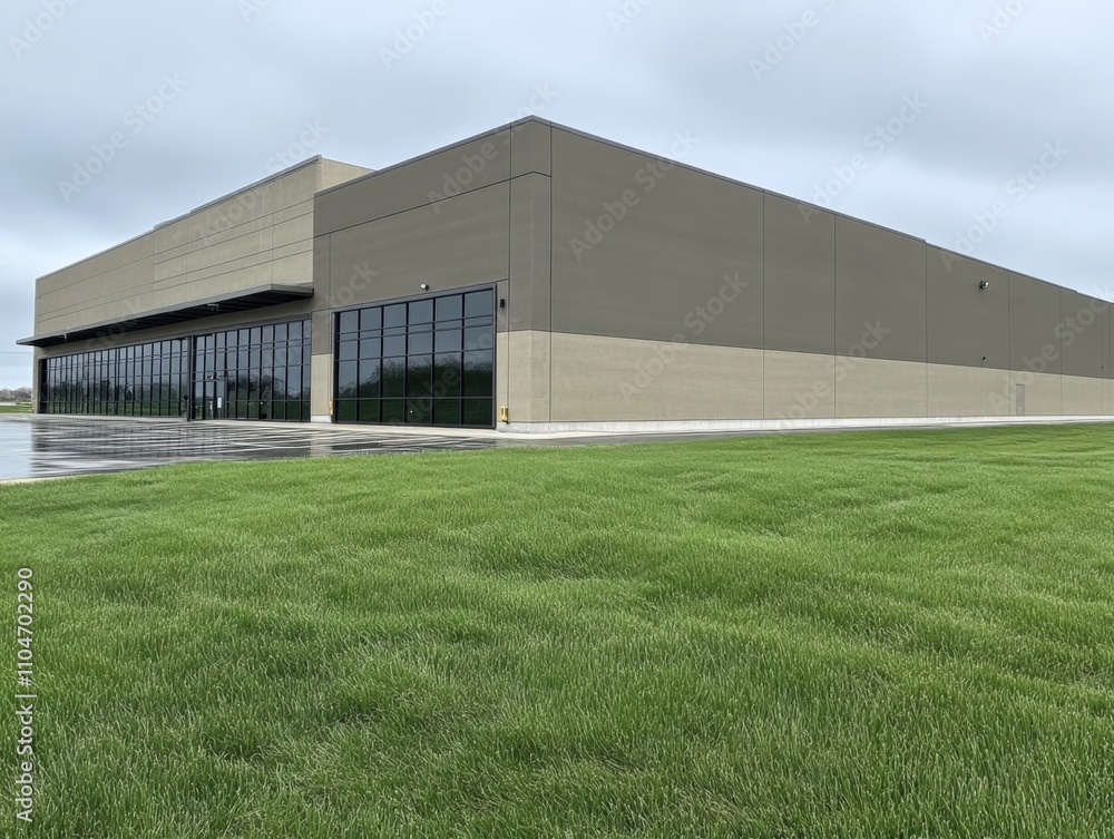 modern industrial building with large windows and green lawn modern industrial building with large windows and green lawn