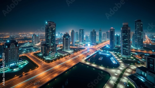  Vibrant cityscape at night illuminated by bright lights and bustling with activity photo