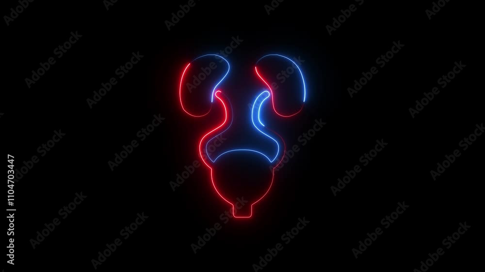Neon, Glowing urinary system animation on black background. Urinary system anatomy isolated. Neon, Glowing urinary system animation on black background. Urinary system anatomy isolated.