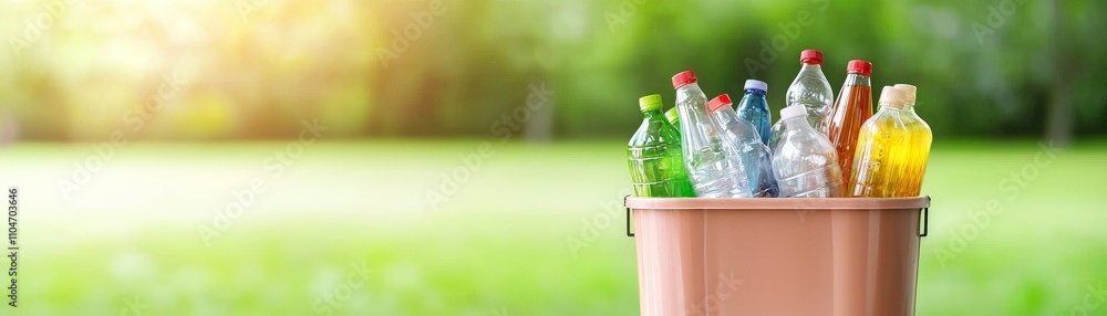 Environmental Considerations for a Sustainable Future. Recycling bin filled with colorful plastic bottles in a green outdoor setting. Environmental Considerations for a Sustainable Future. Recycling bin filled with colorful plastic bottles in a green outdoor setting.
