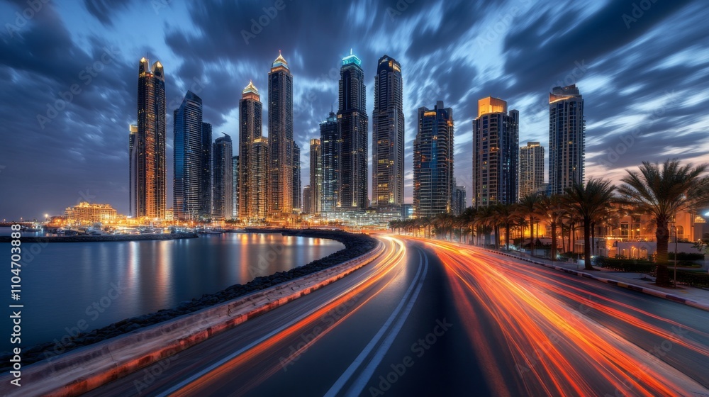 City skyline at twilight with moving traffic and stunning lights City skyline at twilight with moving traffic and stunning lights