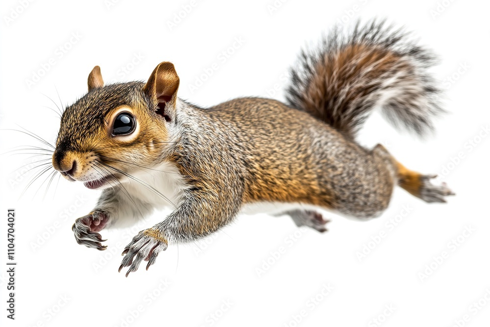 Excellent quality, isolated gray brown squirrel leaping on a white backdrop. Generative Ai Excellent quality, isolated gray brown squirrel leaping on a white backdrop. Generative Ai