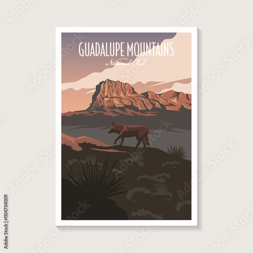 Guadalupe National Park poster illustration, wolf mountain canyon scenery poster design