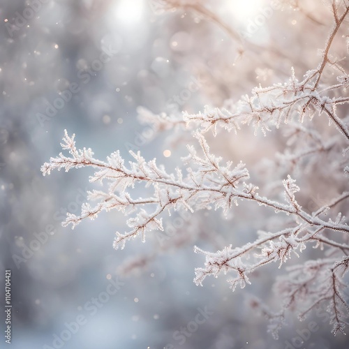 Frosty winter wonderland: snow-kissed branches of a pine tree glisten under a clear blue sky