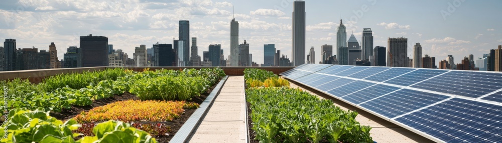 Environmental Considerations for a Sustainable Future. Urban rooftop garden with solar panels and city skyline in the background, showcasing sustainable living. Environmental Considerations for a Sustainable Future. Urban rooftop garden with solar panels and city skyline in the background, showcasing sustainable living.