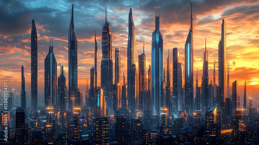 Fototapeta premium Futuristic Cityscape at Sunset Modern Skyscrapers Urban Skyline