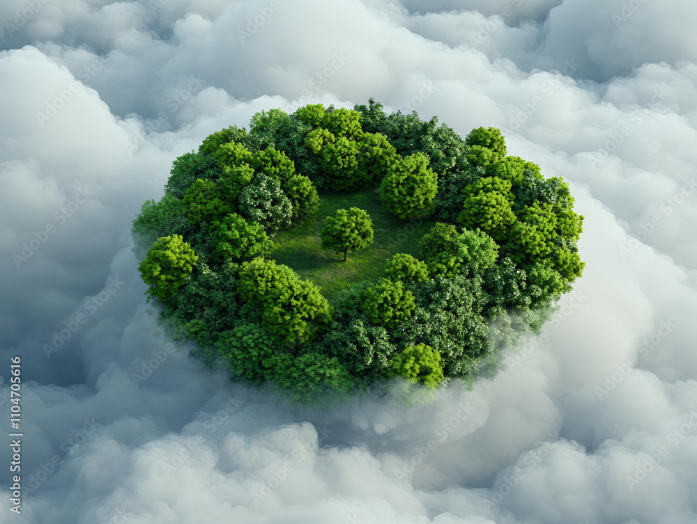 small island surrounded by clouds, featuring lush green trees and grassy area, evokes sense of tranquility and serenity small island surrounded by clouds, featuring lush green trees and grassy area, evokes sense of tranquility and serenity