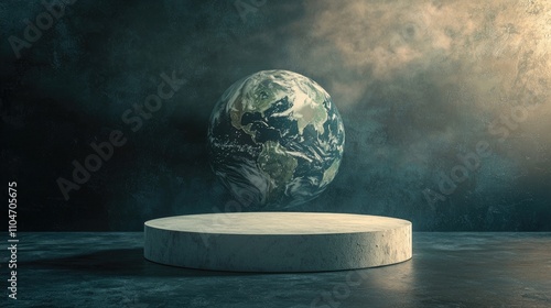 Fototapeta Naklejka Na Ścianę i Meble -  Earth as an Egg on a Concrete Pedestal in a Dark and Dusty Setting