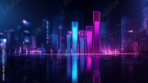 Colorful 3D Bar Graphs with Neon Lights in Digital Cityscape Background