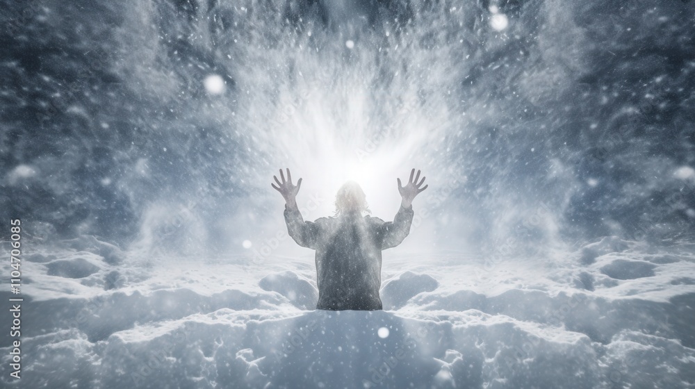 Obraz premium person experiencing winter snowstorm with hands raised in the air