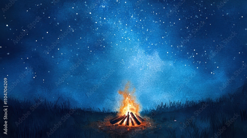 Small Campfire Under Starry Night Sky in Watercolor Small Campfire Under Starry Night Sky in Watercolor