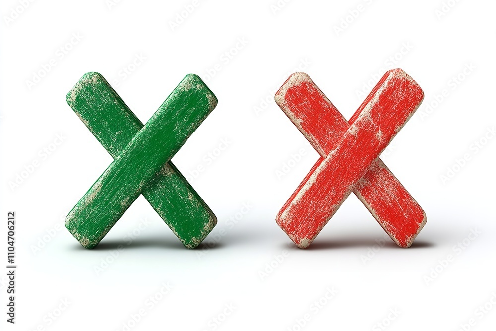 Obraz premium Excellent quality red x symbol and green checkmark isolated on a white backdrop. Generative Ai