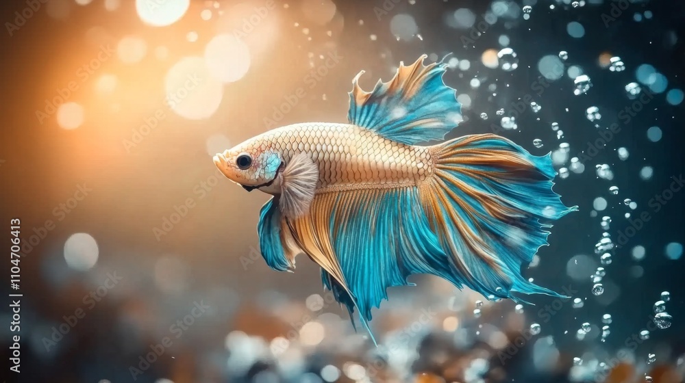 Colorful Betta Fish Swimming Gracefully in Clear Water with Bubbles