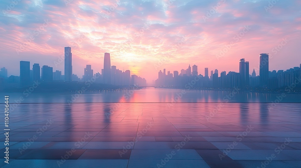 A panoramic view of a city skyline at sunrise, with a reflective surface in the foreground. A panoramic view of a city skyline at sunrise, with a reflective surface in the foreground.