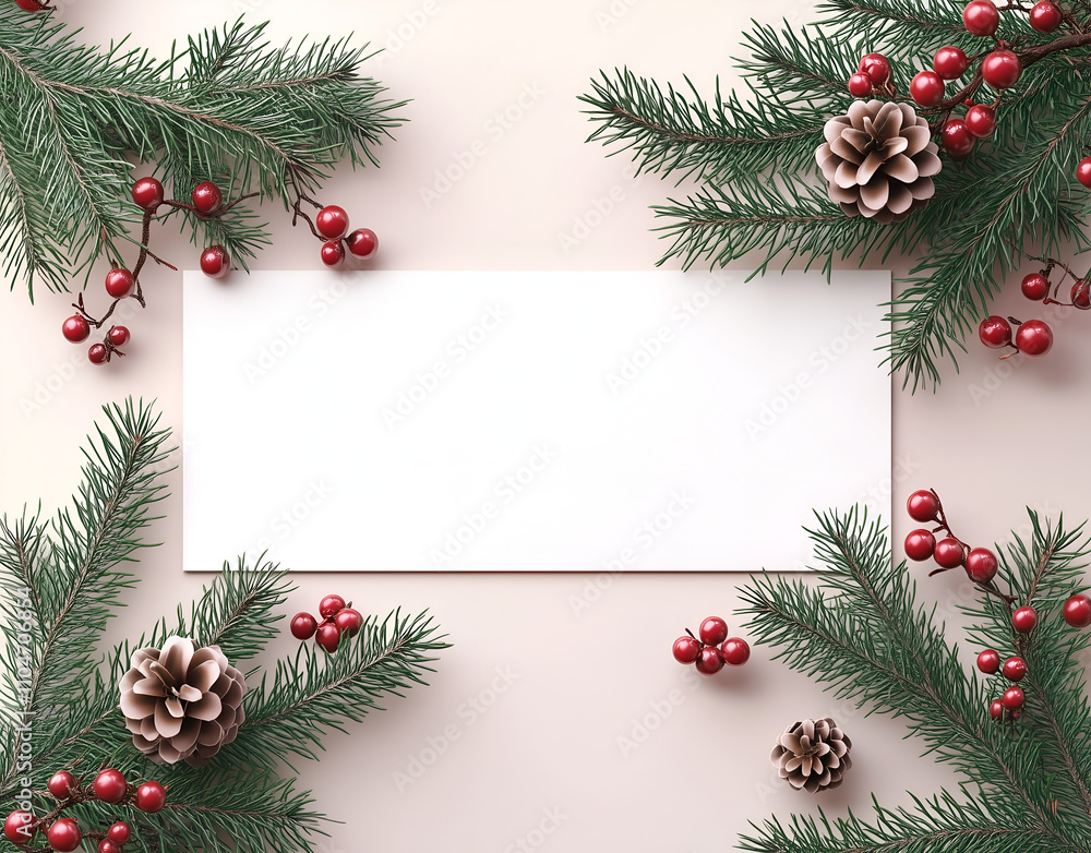 Christmas-themed white rectangular label with pine branches and berries on a white background. Christmas-themed white rectangular label with pine branches and berries on a white background.