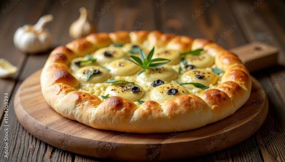 Deliciously baked artisan pizza on rustic wooden board Deliciously baked artisan pizza on rustic wooden board